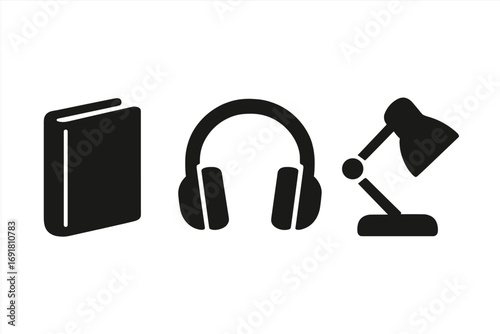 Reading and learning icon set with book, headphones, and lamp. Minimalist vector silhouettes for education, studying, audiobooks, or podcasts. Modern library and knowledge concept.