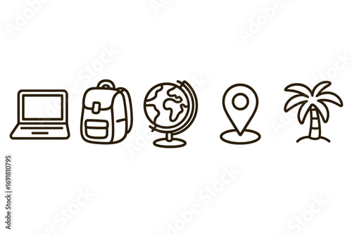 Minimal travel and digital nomad icon set. Line art vector illustration with laptop, backpack, globe, location pin, palm tree. Concept for remote work, trip, vacation, tourism.