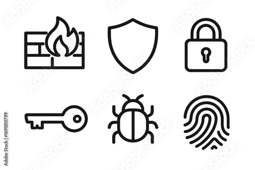 Minimalist Security Icons Set with Firewall, Shield, Lock, Key, Bug, and Fingerprint Design, Cartoon Vector Illustration, Transparent Background, Cybersecurity and Protection Concepts