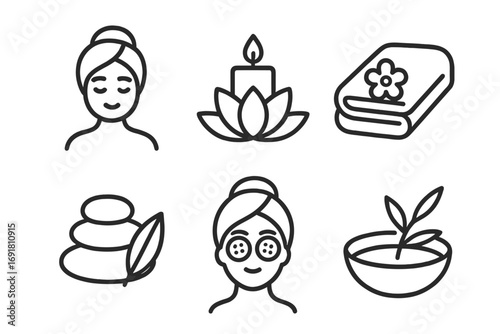 Minimalist spa icons set for relaxation and wellness, beauty and self-care symbols, vector cartoon illustration, spa stones, candle, towel, facial mask, herbal bowl design