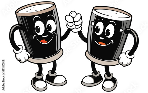 Two cartoon glasses of dark beer shaking hands and celebrating together. Happy Mugs Clipart