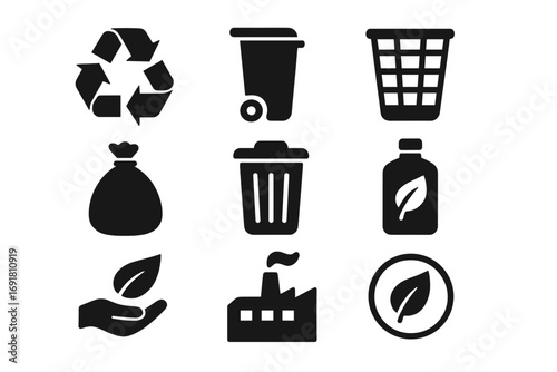 Waste management solid icon set including recycling, garbage bins, eco-friendly symbols, garbage bag, factory, leaf in hand, and pollution control, black vector illustration