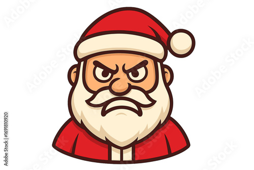 Angry Santa Claus face icon vector. Mad furious Father Frost character head. Grumpy Saint Nicholas emotion. Bad Santa cartoon mascot for Christmas or anti-holiday design.