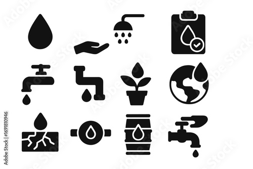 Water conservation solid icons set filled plumbing eco-friendly symbols vector cartoon illustration transparent background ordered set sustainable water use icons