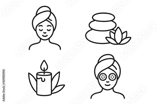 Minimalist spa icons set with relaxation, wellness, beauty care, self-care symbols, facial treatment with cucumber eyes, stacked stones, scented candle, and serene woman, vector illustration