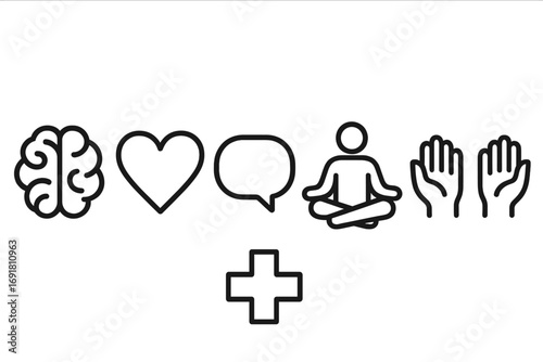 Minimalist wellness and connection symbols brain heart speech bubble meditation cross hands icons vector illustration transparent background health mental mindfulness healing
