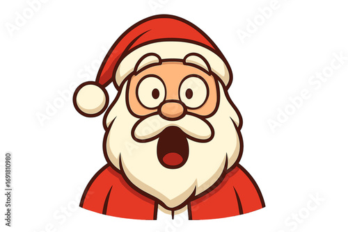 Surprised Santa Claus icon with astonished expression, cartoon style vector illustration, festive Christmas character with red suit, white beard, and hat, transparent background