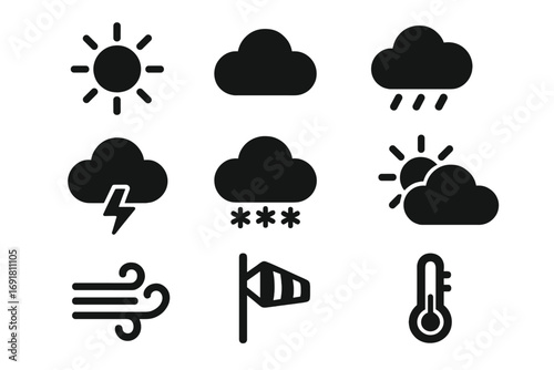 Weather conditions solid icon set, filled climate and atmospheric symbols vector, cartoon style weather icons with sun, clouds, rain, thunder, snow, wind, and thermometer for weather apps
