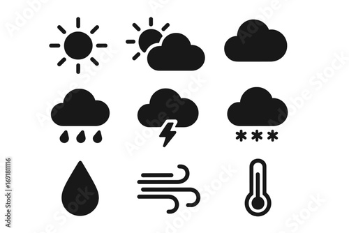 Weather conditions solid icons set, filled vector symbols for climate and atmospheric illustration, weather forecast icons with sun, clouds, rain, lightning, snow, wind, temperature