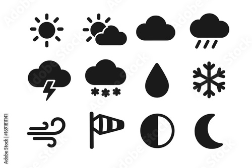 Weather conditions solid icons set filled climate atmospheric symbols vector cartoon illustration transparent background ordered set rain sun cloud snow wind thunderstorm moon phase temperature icons