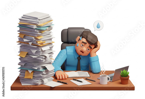 A vector illustration of an office worker exhausted and stressed, facing overwhelming tasks and a heavy workload