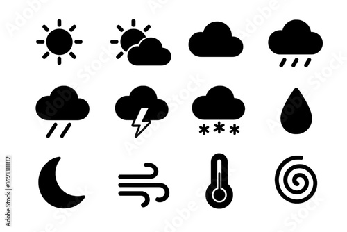 Weather conditions solid icons set, flat filled climate and forecast symbols, vector cartoon illustration with transparent background, sun, cloud, rain, thunderstorm, snow, wind