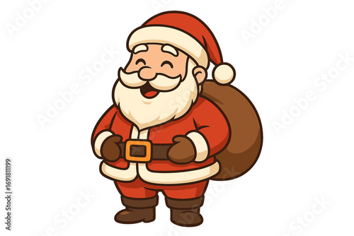 Cheerful Santa Claus character with sack, cartoon vector illustration, festive Christmas icon, holiday gift delivery concept, seasonal winter celebration graphic