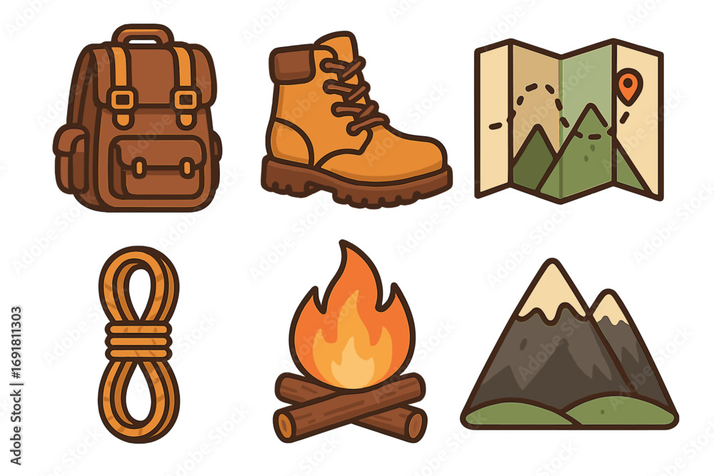 Fototapeta premium Outdoor adventure icon set with backpack, boot, map, rope, campfire, and mountain. Vector cartoon illustration for hiking, camping, and trekking. Exploration gear elements.