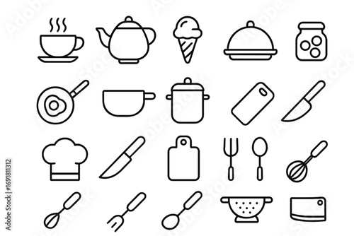 Food and cooking line icon set. Kitchen utensils and cookware outline symbols for restaurant menu or website. Vector collection for web, app design with coffee, pot, and knife icons.