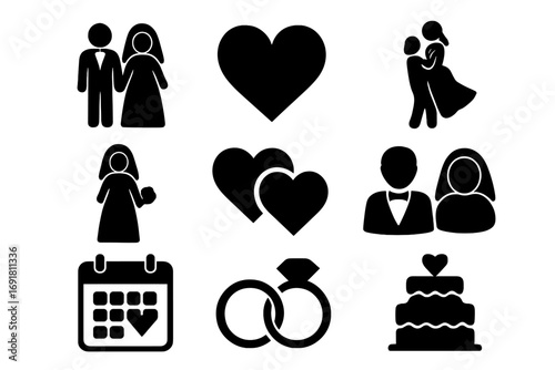 Wedding silhouette icons set solid black love celebration graphics vector cartoon illustration transparent background ordered set romantic marriage symbols accessories