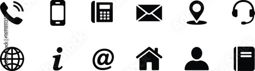 Collection of communication and contact icons on a white background Keywords: phone icon, smartphone icon, telephone icon, email