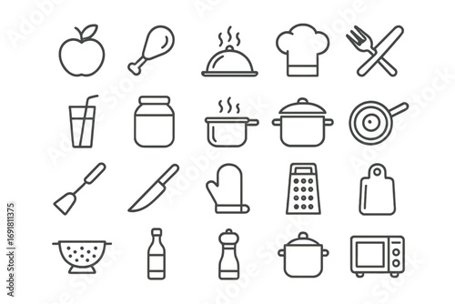 Food, cooking, and kitchen thin line icon set. Culinary and gastronomy symbols collection. Vector icons for restaurant menu, recipe book, web, and mobile app design.
