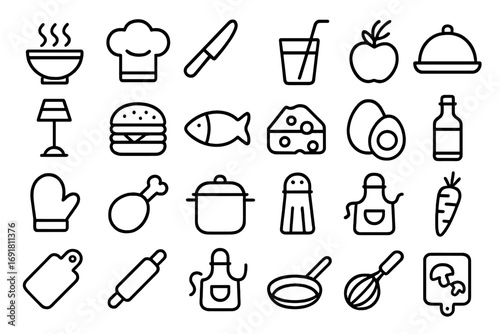 Food and cooking line icon set. Kitchen utensils, restaurant menu elements, gastronomy symbols. Vector outline pictogram collection for web, apps, culinary design projects.