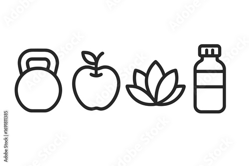 Healthy lifestyle icon set. Minimalist line art for fitness, nutrition, and wellness. Vector symbols for gym workout, healthy food, yoga, and vitamin supplements concept.