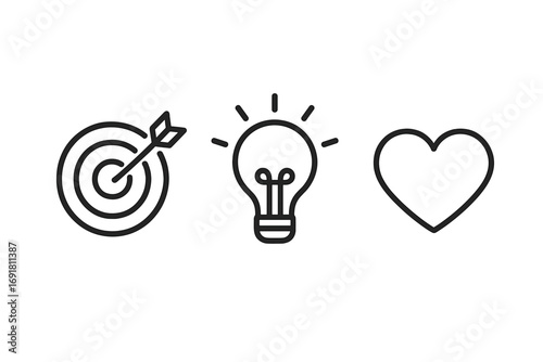 Business core values icon set. Target for mission, lightbulb for creative idea, heart for passion. Goal, strategy, innovation concept. Vector line icons for success.