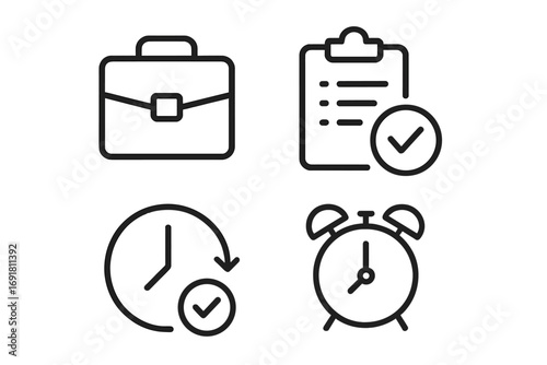 Vector icon set for business productivity and time management. Minimalist line art with briefcase, approved checklist, deadline alarm, and time tracking symbols for success.