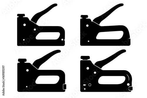 Staple gun silhouette vector set. Black icon collection for construction, repair, and DIY projects. Heavy-duty tacker tool graphic isolated on white background design.