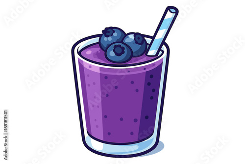 Blueberry smoothie vector illustration. Healthy purple fruit shake in glass with berries and straw. Fresh cold summer drink for detox, diet, nutrition. Isolated cartoon icon.