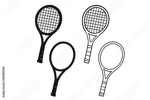 Set of tennis racket vector icons. Collection of minimalist silhouettes and line art outlines of sport equipment. Black and white racquet graphic for design, logo, pictogram.