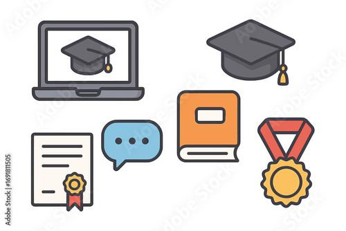 Online learning icons set with laptop, graduation cap, book, chat bubble, certificate, and award medal. Vector cartoon illustration for education, e-learning, achievement concepts