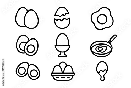 Egg icon set for cooking and food. Line art collection of breakfast symbols. Vector icons of fried, boiled, cracked, poached eggs, egg in a pan, and egg cup for web or app design.