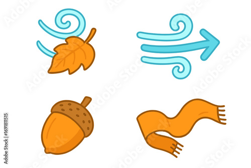 Windy Autumn Icons Isometric Flat Vector Set of Swirling Leaf, Gust Arrow, Falling Acorn, Flying Scarf Cartoon Illustrations for Fall Season Design