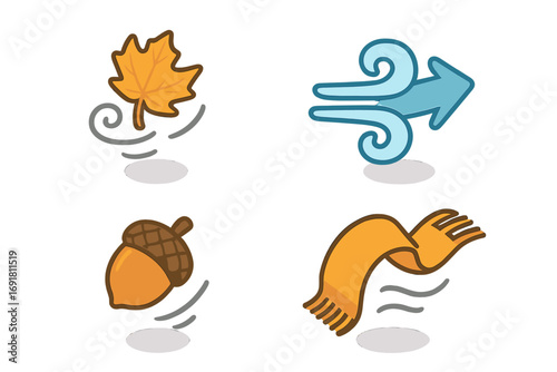 Windy autumn icons set, isometric flat design of swirling leaf, gust arrow, falling acorn, flying scarf, seasonal weather elements, fall breeze vector cartoon illustration