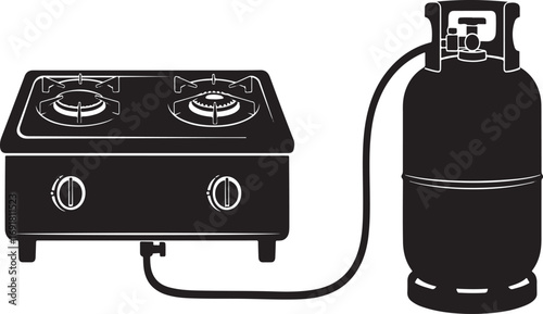 Black Silhouette Two Burner Gas Stove Connected To Propane Tank kitchen cooking