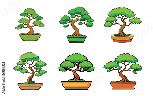 Collection of stylized cartoon bonsai trees in decorative pots. Bonsai Trees Vector Illustration