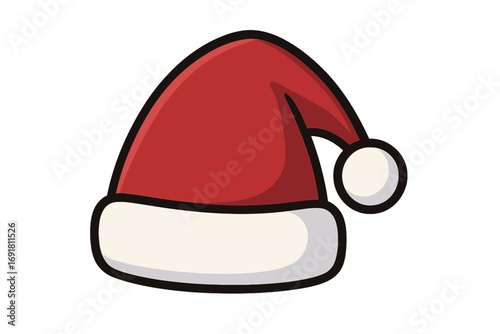 Santa hat cartoon vector icon with red and white colors, Christmas decoration symbol, festive holiday cap illustration with transparent background, winter celebration accessory