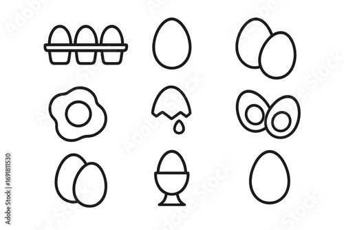 Egg icon set. Food & breakfast concept. Linear vector icons of fried egg, boiled egg, egg carton, broken shell. Cooking ingredient pictograms for web, apps, ui design.