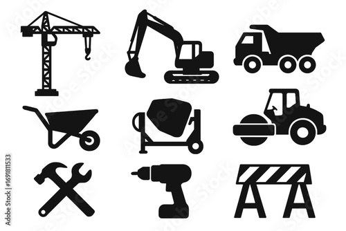 Construction icons set with heavy machinery and building tools silhouette. Vector collection of industrial equipment like crane, excavator, dump truck, and cement mixer.