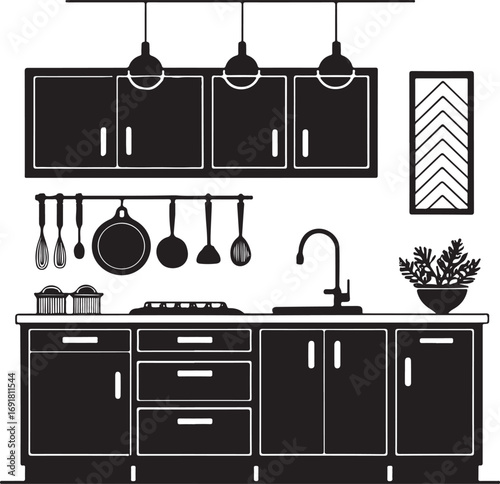 Black Silhouette Of A Kitchen Counter With Appliances And Utensils white