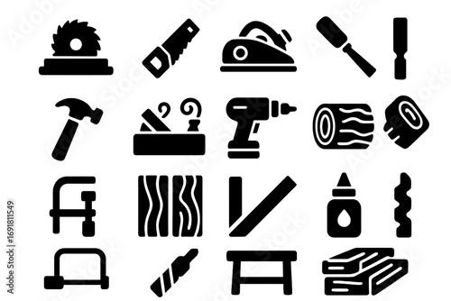 Woodworking solid icon set, filled carpentry tools and crafting symbols, vector cartoon illustration with hammer, saw, drill, plane, glue, wood logs, chisels, clamps, and workbench