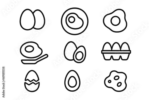 Egg line icon set. Food, breakfast and cooking concept. Fried, boiled, scrambled eggs. Egg carton. Minimalist vector illustration for web, apps, menu design. Outline symbol collection.