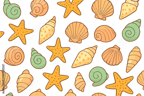 Seamless pattern design with colorful seashells, starfish, marine shell collection, ocean beach summer theme, whimsical cartoon illustration, transparent background vector
