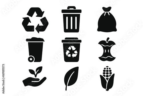 Waste management solid icons set including recycling symbols, garbage bins, eco-friendly green leaf, compost elements, trash bags, and biodegradable waste icons, vector illustration