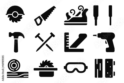 Woodworking Solid Icon Set, Filled Vector Symbols for Carpentry, Crafting Tools and Equipment, Carpenter Work, Workshop Equipment, DIY Project Icons