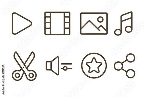 Multimedia icon set for video editing and content creation. Linear symbols for web and app UI. Vector collection with play, cut, share, audio, photo, and favorite icons.