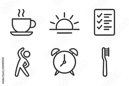 Morning routine line icon set. Daily habits and healthy lifestyle symbols. Vector graphics of coffee, sunrise, checklist, exercise, alarm clock, and toothbrush. Simple pictogram collection.