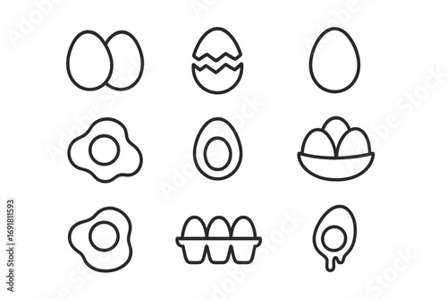 Egg icon set, thin line food symbols. Collection of linear pictograms: fried egg, boiled, cracked, whole, in carton. Breakfast, cooking, nutrition vector graphics for web.