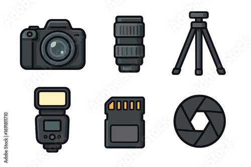 Photography equipment icons set with camera, lens, tripod, flash, memory card, aperture symbol. Vector cartoon illustration with transparent background. Essential photo gear collection.