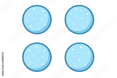 Snow cap icon flat vector illustration. Cartoon style white snowflakes symbol, winter weather cold design, transparent background set of four round badges, frost and freeze elements
