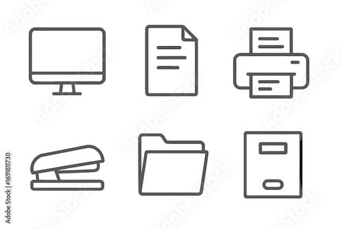 Office line icons set. Minimalist vector illustration of work equipment. Computer screen, document, printer, stapler, folder, archive. Business pictograms isolated.